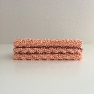 Set of 3 cotton knit washcloths - peach and pink rose kitchen dishcloths
